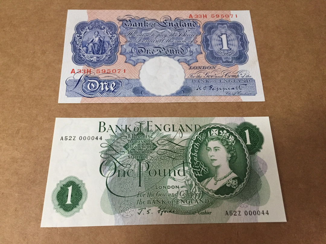【收藏联盟】第126期拍卖——数字迷踪（共45拍） 【一组2张】英国C序列1镑 44号小号全新UNC 女王纸币& A序列1940年 1镑二战期间 AU/UNC-