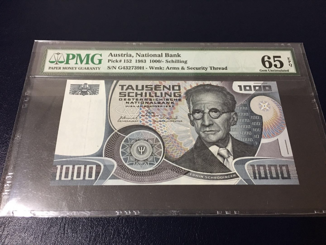 【收藏联盟】第126期拍卖——数字迷踪（共45拍） 奥地利 1983年 1000先令 PMG65EPQ 物理学家薛定谔 维也纳大学