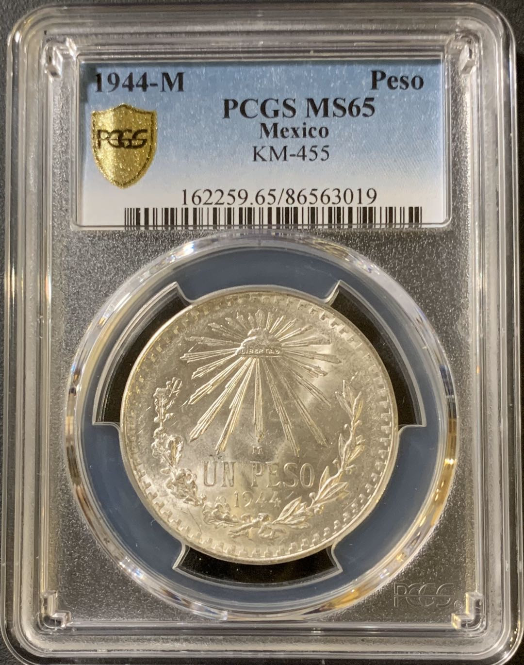 紫瑗钱币—微拍第33期  墨西哥 1944年 鹰洋 1比索 16.6克 PCGS MS65