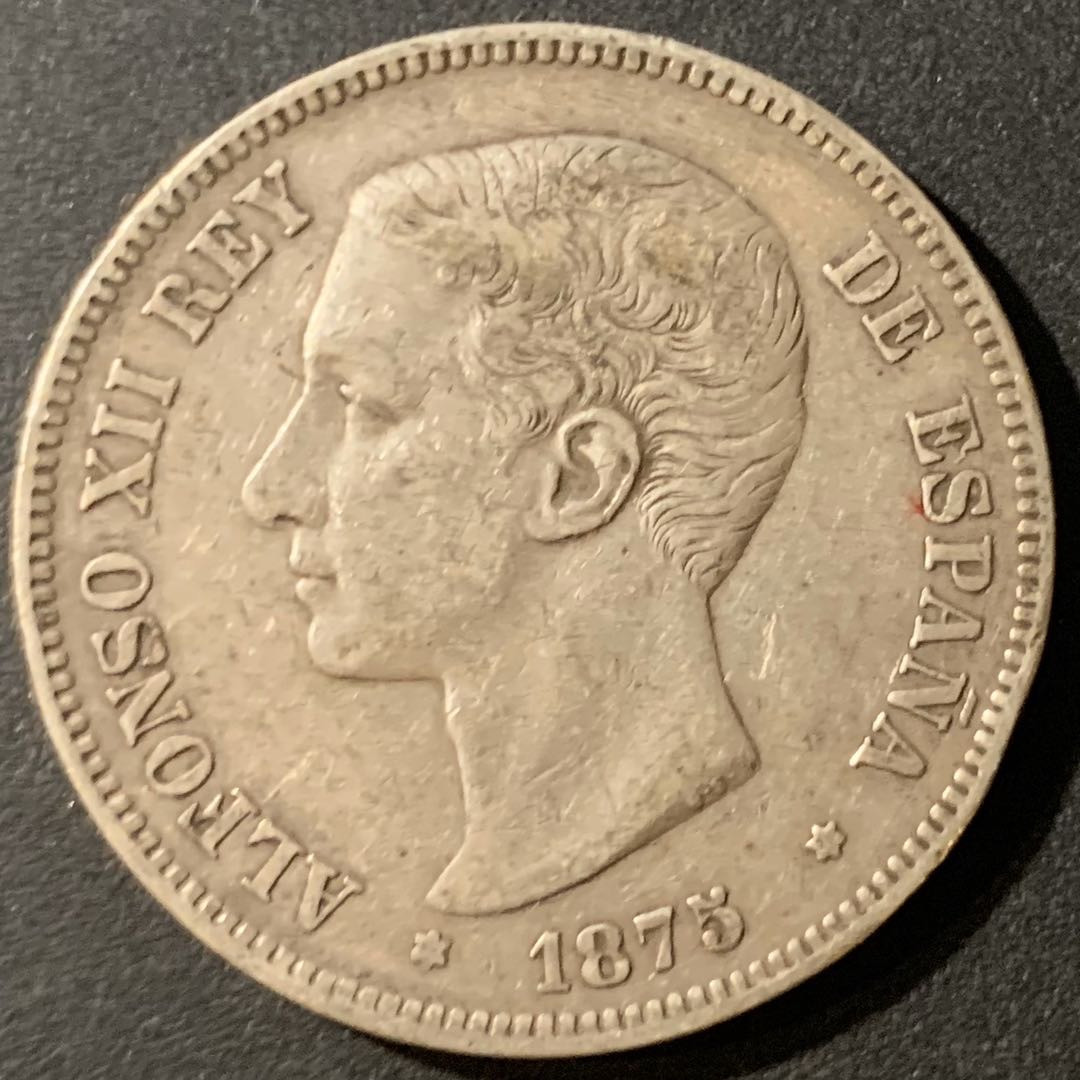 紫瑗钱币—微拍第33期  西班牙 1875年 阿方索十二世 5比塞塔 银币