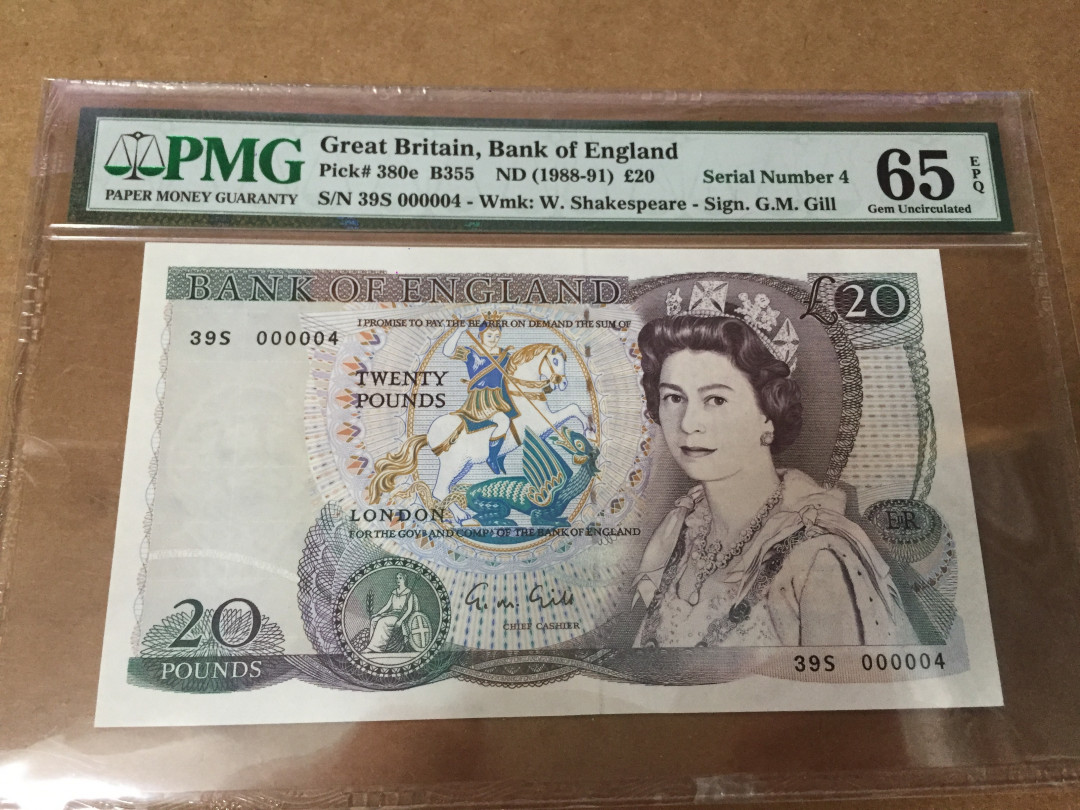 【收藏联盟】第126期拍卖——数字迷踪（共45拍） 【4号小号】英国 1988-91年 20镑 p380e PMG65EPQ 绝品较少见