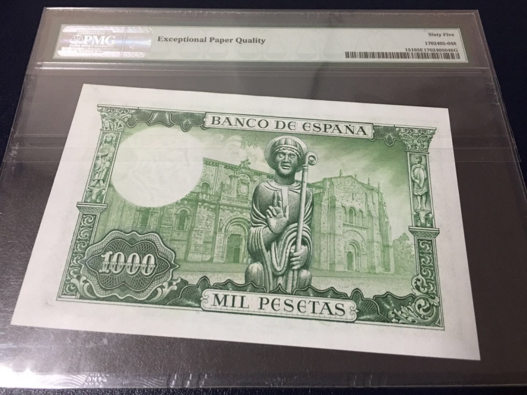 【收藏联盟】第126期拍卖——数字迷踪（共45拍） 西班牙 1965年 P151 1000比塞塔 PMG65EPQ 双雕大方块