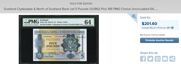 【收藏联盟】第126期拍卖——数字迷踪（共45拍） 苏格兰克莱斯戴尔和苏格兰北部银行1962年 5镑 PMG64  p196