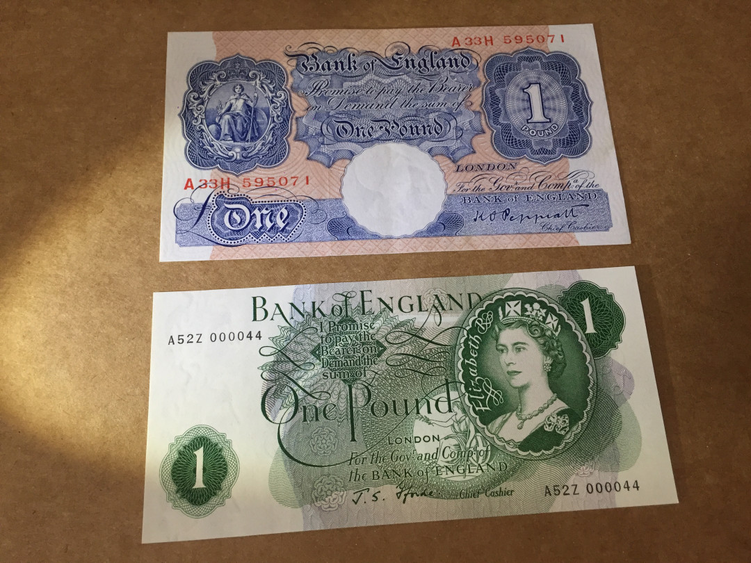 【收藏联盟】第126期拍卖——数字迷踪（共45拍） 【一组2张】英国C序列1镑 44号小号全新UNC 女王纸币& A序列1940年 1镑二战期间 AU/UNC-