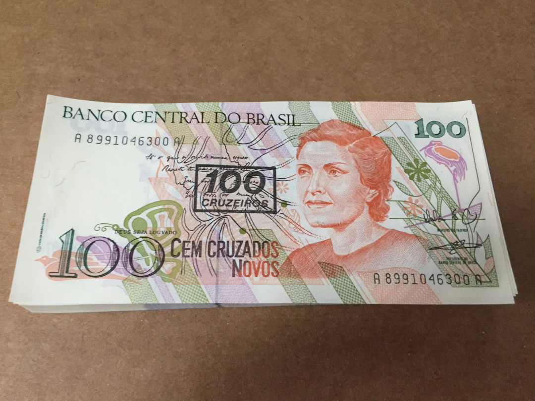 【收藏联盟】第126期拍卖——数字迷踪（共45拍） 【一组100张刀货】巴西 1990年 100克鲁塞罗 女神水印 非常漂亮 全新UNC