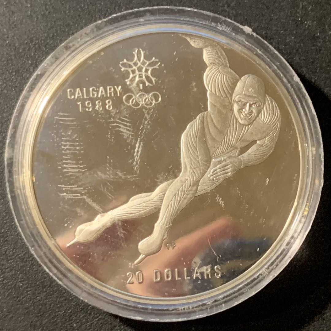 紫瑗钱币—微拍第33期  加拿大 1985年 卡尔加里冬奥运 短道速滑 20元 银币 34.1克 0.925银 精制