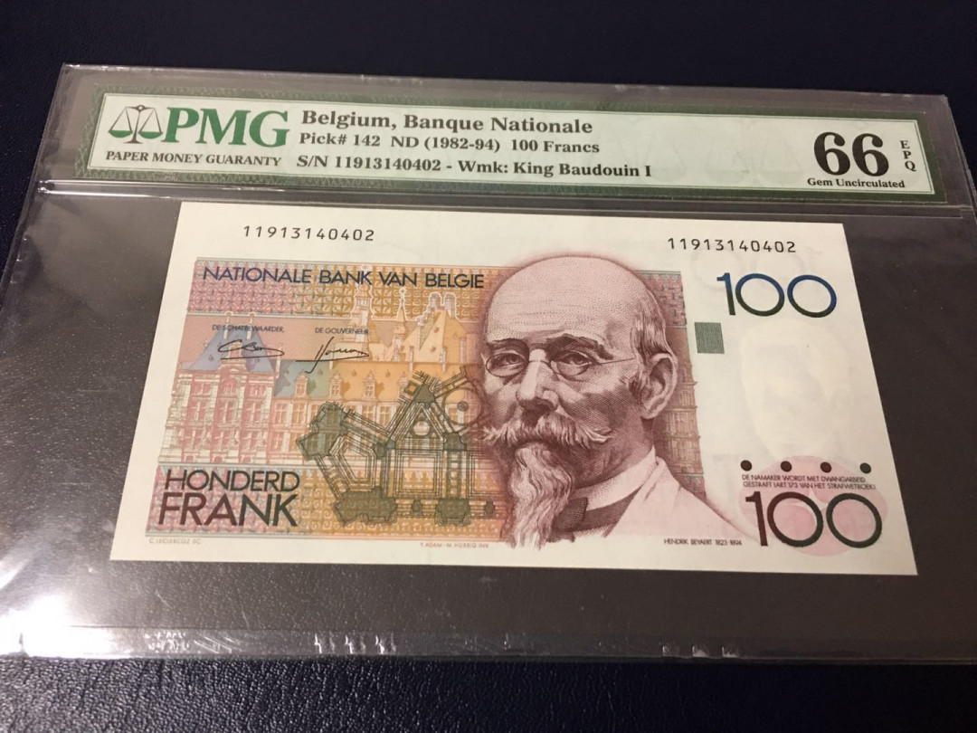 【收藏联盟】第126期拍卖——数字迷踪（共45拍） 比利时 1982-94年 100法郎 PMG66EPQ  p142