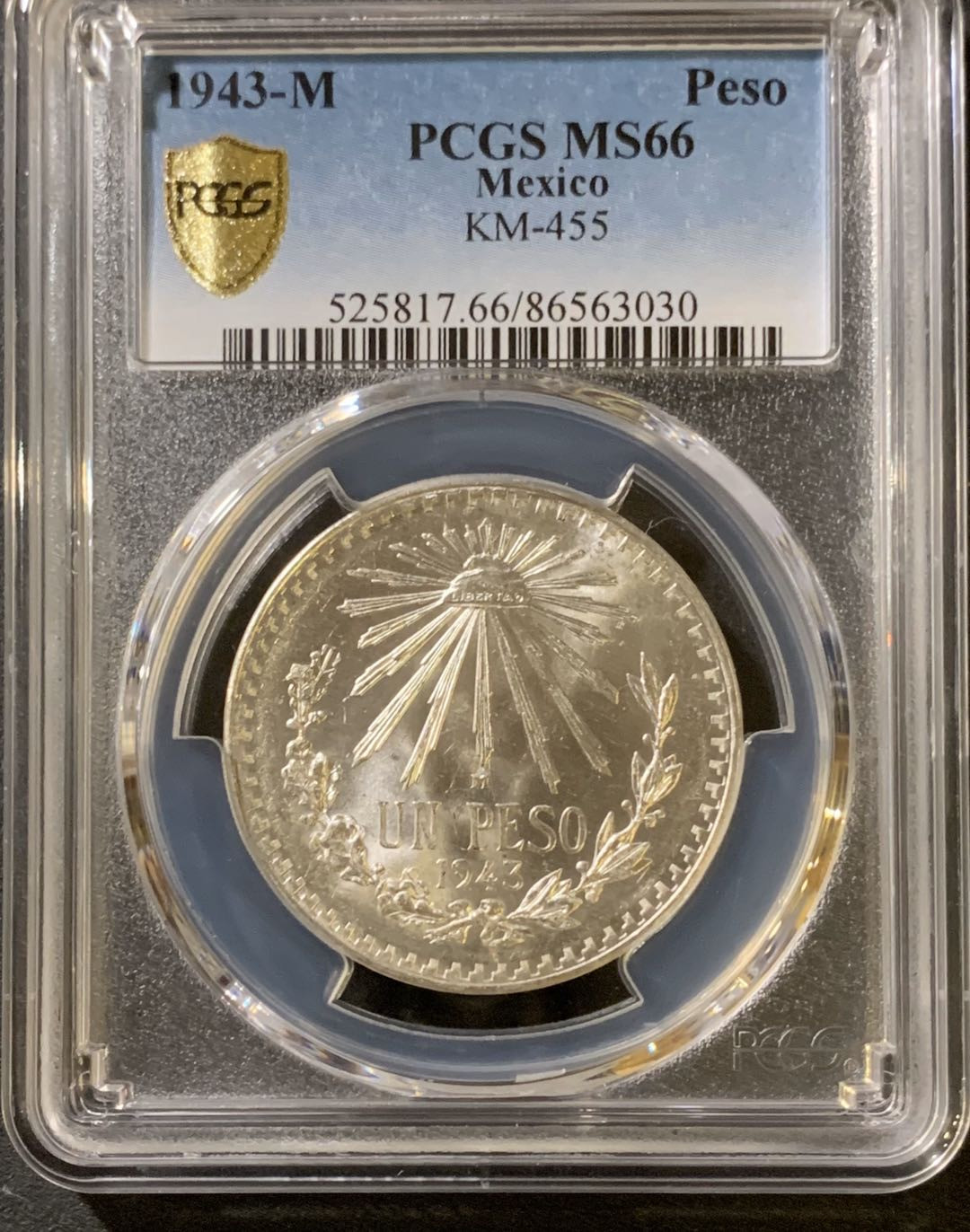 紫瑗钱币—微拍第33期  墨西哥 1943年 鹰洋 1比索 16.6克 PCGS MS66