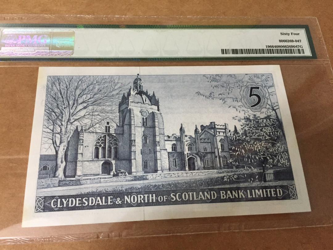 【收藏联盟】第126期拍卖——数字迷踪（共45拍） 苏格兰克莱斯戴尔和苏格兰北部银行1962年 5镑 PMG64  p196
