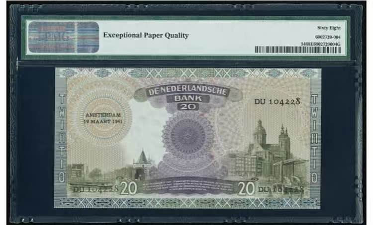 【收藏联盟】第126期拍卖——数字迷踪（共45拍） 【冠军分】荷兰 1939-41年 20盾 p54 PMG68EPQ  JEZ经典