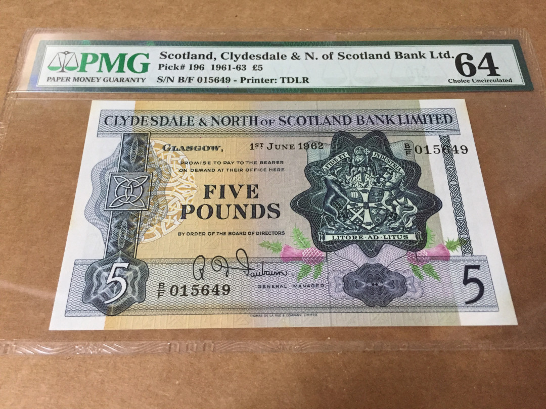 【收藏联盟】第126期拍卖——数字迷踪（共45拍） 苏格兰克莱斯戴尔和苏格兰北部银行1962年 5镑 PMG64  p196