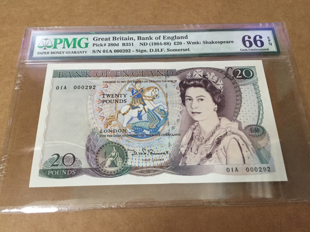 【收藏联盟】第126期拍卖——数字迷踪（共45拍） 【01A首发冠 292小号】英国 1984-88年 20镑 p380d PMG66EPQ 少见精美