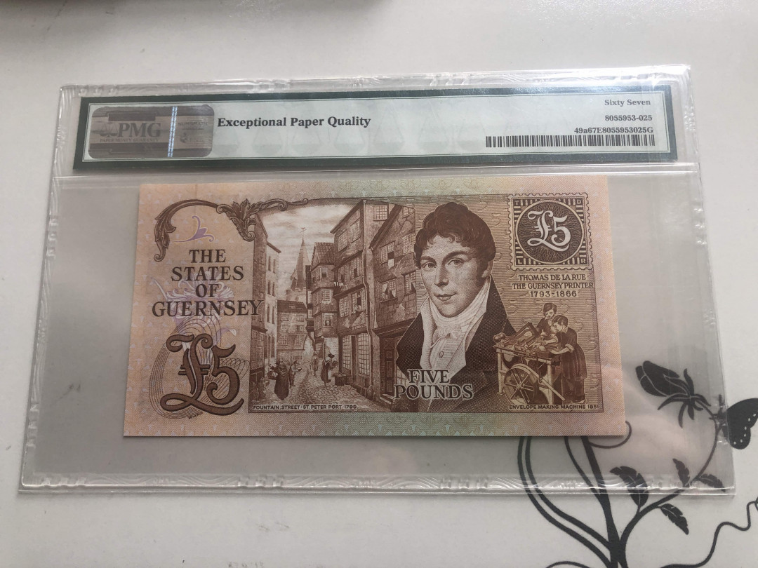 【收藏联盟】第126期拍卖——数字迷踪（共45拍） 【A冠605小号】根西 1980-89年 5镑 PMG67EPQ 高分