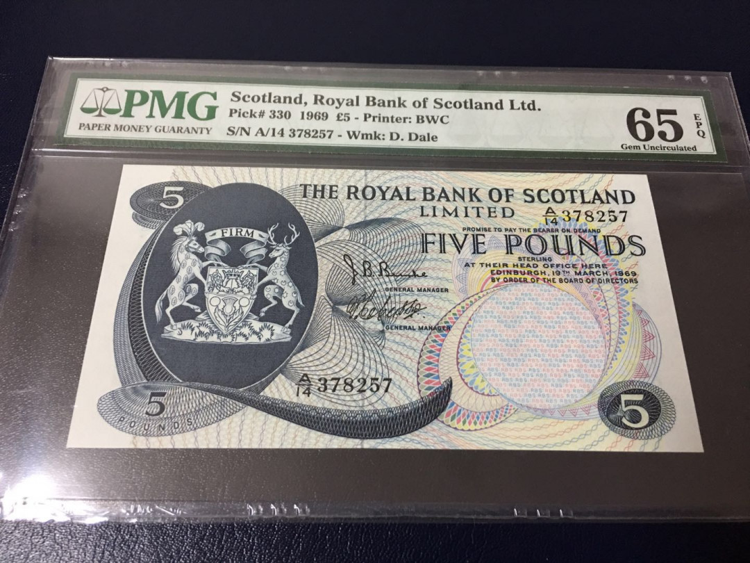 【收藏联盟】第126期拍卖——数字迷踪（共45拍） 苏格兰 1969年 5镑 PMG65EPQ BWC出品 较少见品种 精美