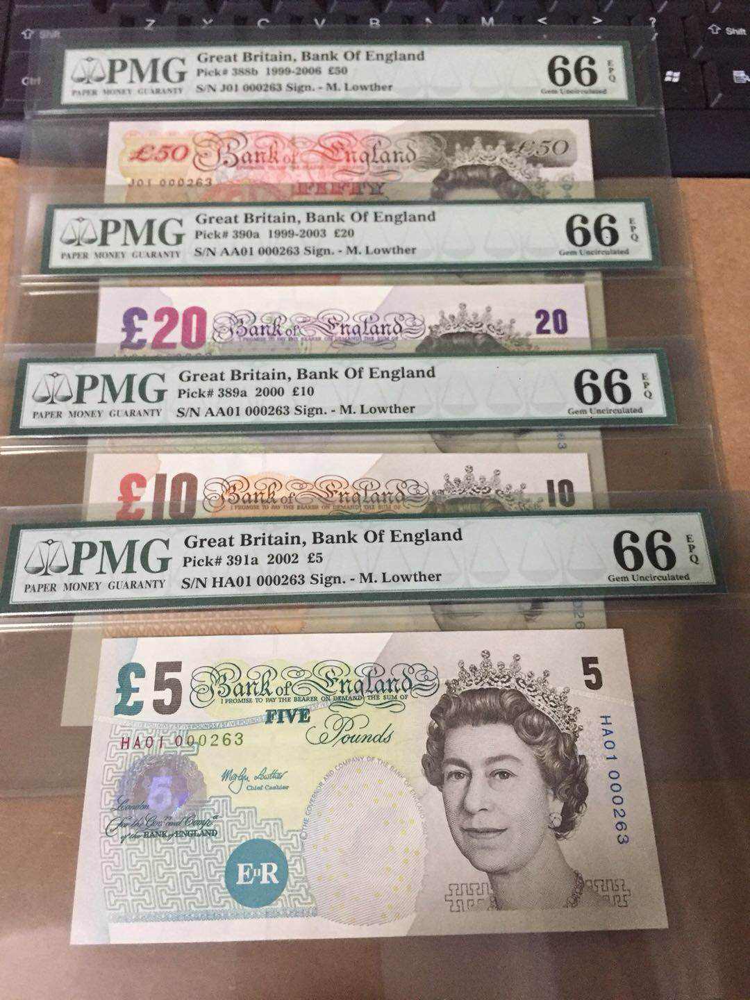 【收藏联盟】第126期拍卖——数字迷踪（共45拍） 【首发冠全同263小号】英国 1999-2006年 5-10-20-50镑 全部PMG66EPQ 非常值得收藏的一套