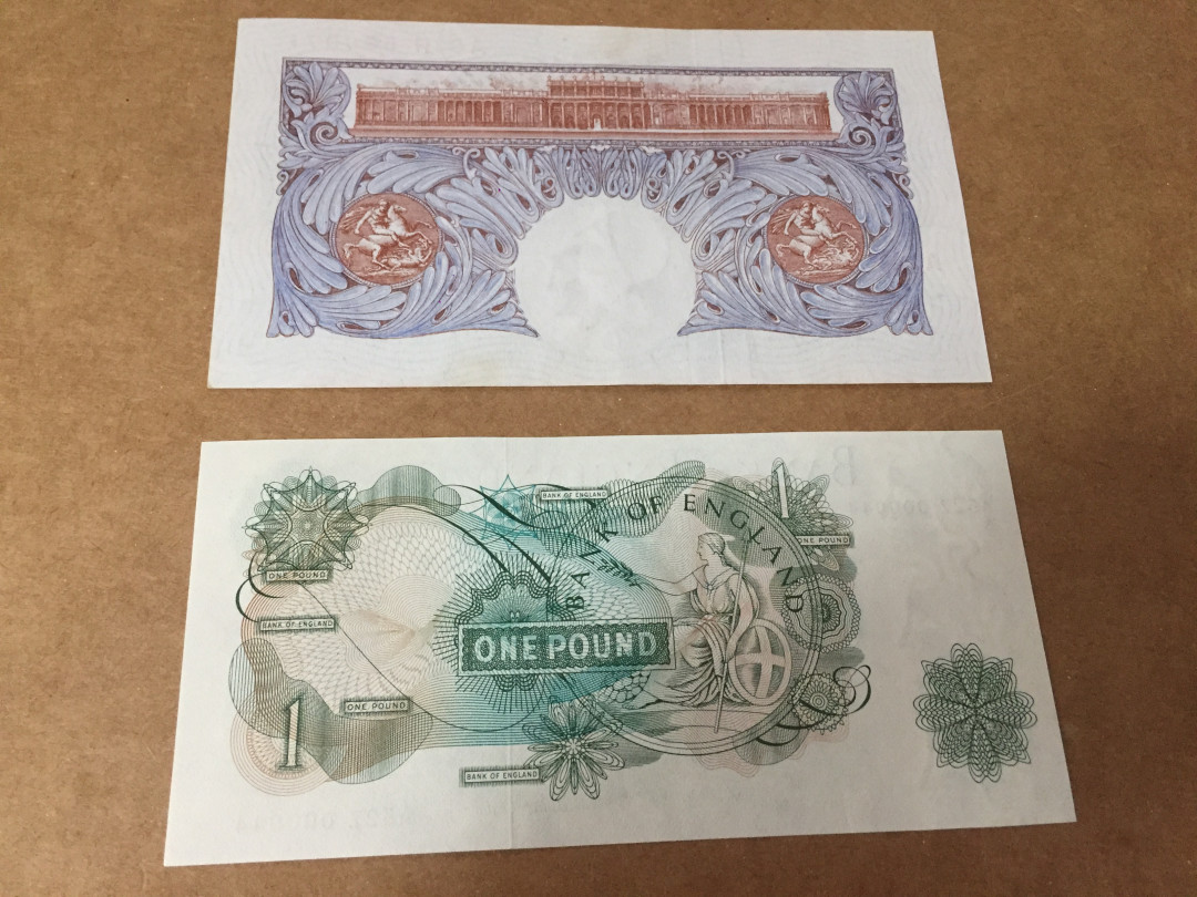 【收藏联盟】第126期拍卖——数字迷踪（共45拍） 【一组2张】英国C序列1镑 44号小号全新UNC 女王纸币& A序列1940年 1镑二战期间 AU/UNC-