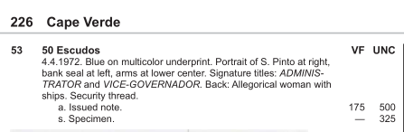 【收藏联盟】第126期拍卖——数字迷踪（共45拍） 佛得角 1972年 50埃斯库多 p53a PMG65EPQ  BWC出品