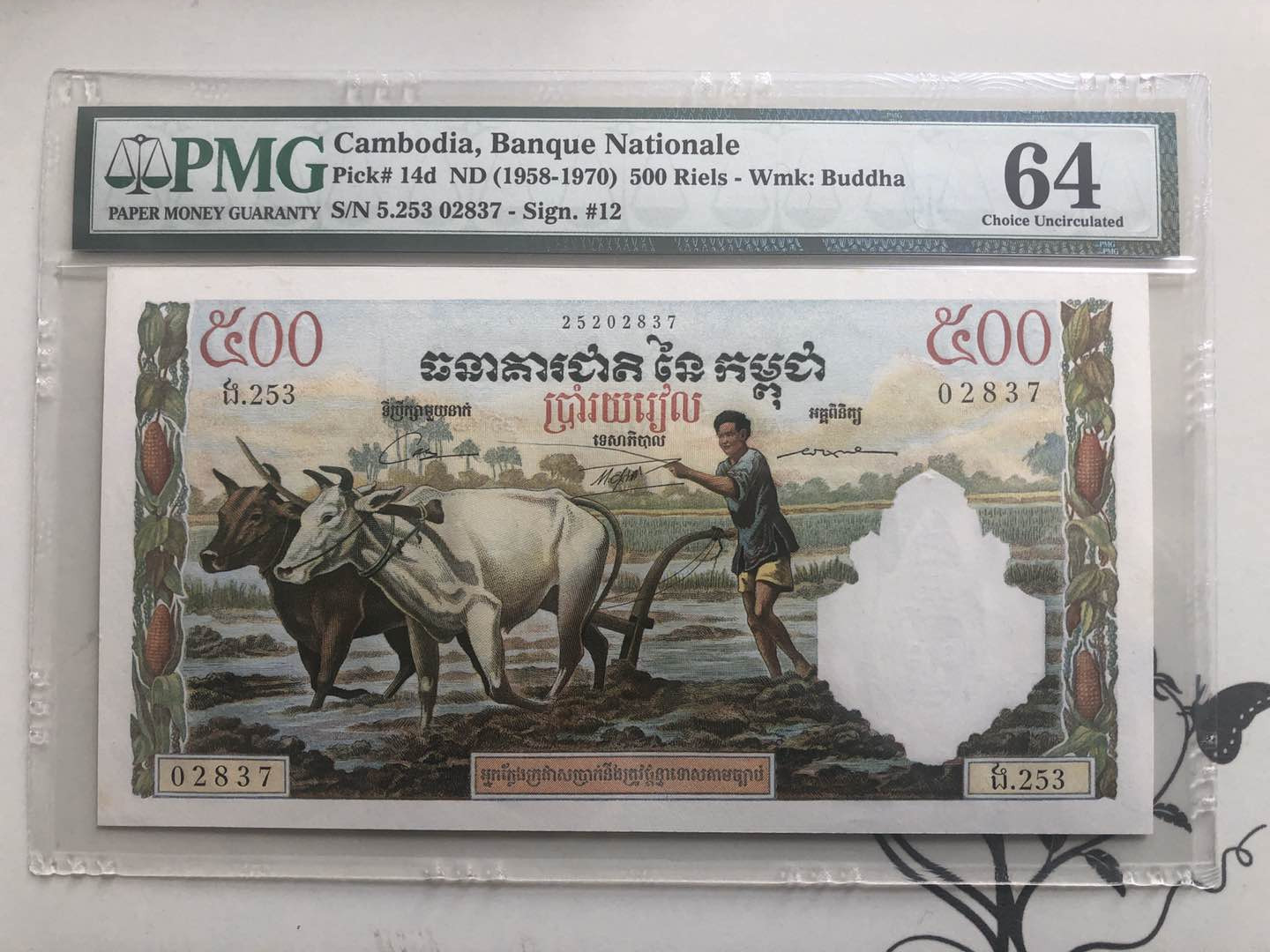 【收藏联盟】第126期拍卖——数字迷踪（共45拍） 柬埔寨 1958-70年 500瑞尔 PMG64 屌丝三宝之一 经典耕牛 p14d