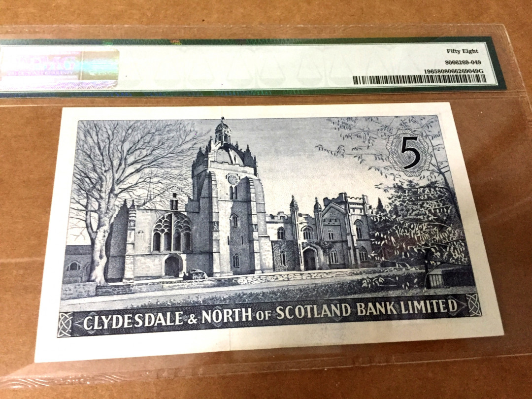 【收藏联盟】第127期拍卖——花神迎春（共50拍） 苏格兰 克莱斯戴尔和苏格兰北部银行1961-63年 5镑 PMG58 性价比 p196  