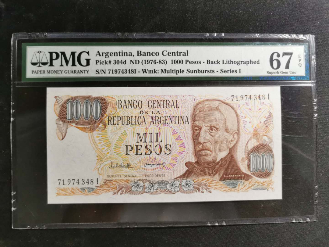 【鲸贝乐淘】千字文·第“盖此身发”号拍卖 【阿根廷🇦🇷 】1976-83年1000比索，PMG67E  