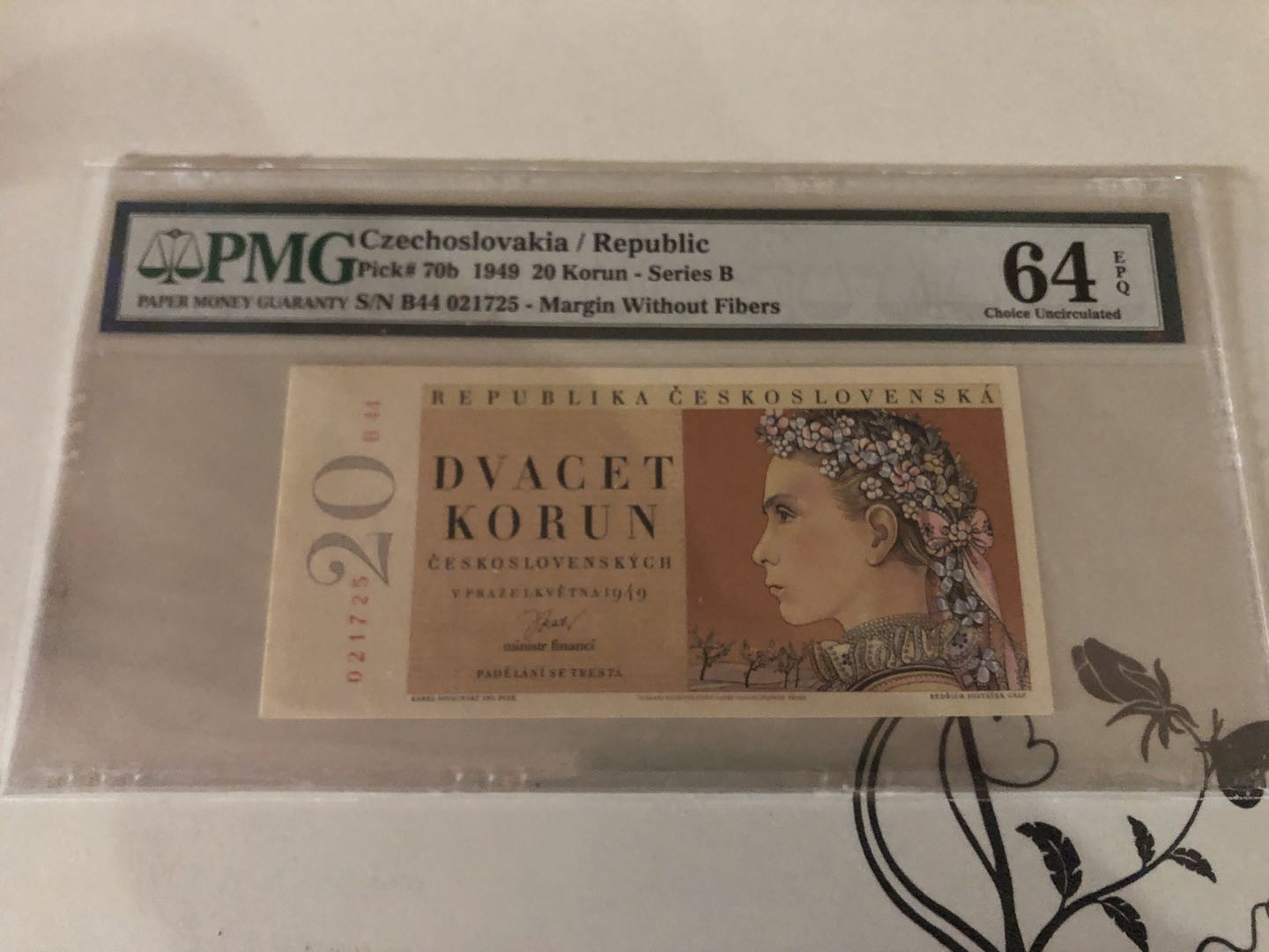 【收藏联盟】第127期拍卖——花神迎春（共50拍） 【实票】捷克斯洛伐克 1949年 20克朗 PMG64EPQ