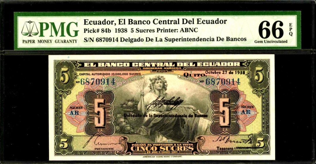 【收藏联盟】第127期拍卖——花神迎春（共50拍） 【冠军分】厄瓜多尔 1938年5 苏克雷 丰收女神 实钞高分稀少 PMG66EPQ 美钞公司双雕