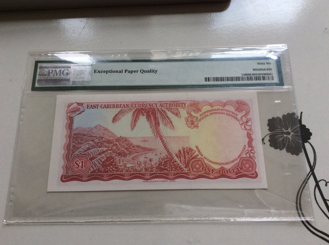 【收藏联盟】第127期拍卖——花神迎春（共50拍） 东加勒比 1965年1元PMG66EPQ 戎装女王 