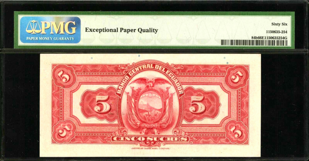 【收藏联盟】第127期拍卖——花神迎春（共50拍） 【冠军分】厄瓜多尔 1938年5 苏克雷 丰收女神 实钞高分稀少 PMG66EPQ 美钞公司双雕