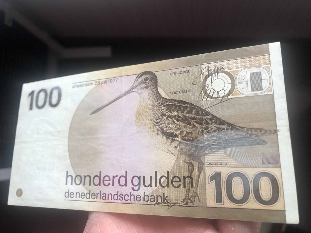 【收藏联盟】第127期拍卖——花神迎春（共50拍） 【222豹子号】荷兰 1977年 100盾 经典水鸟 流通品相如图