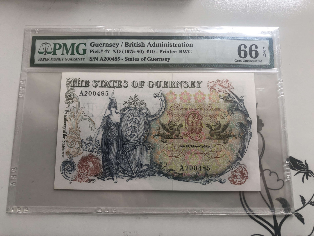 【收藏联盟】第127期拍卖——花神迎春（共50拍） 根西 1975-80年 10镑 生日号PMG66EPQ  BWC出品 A冠 漂亮 经典“花神”