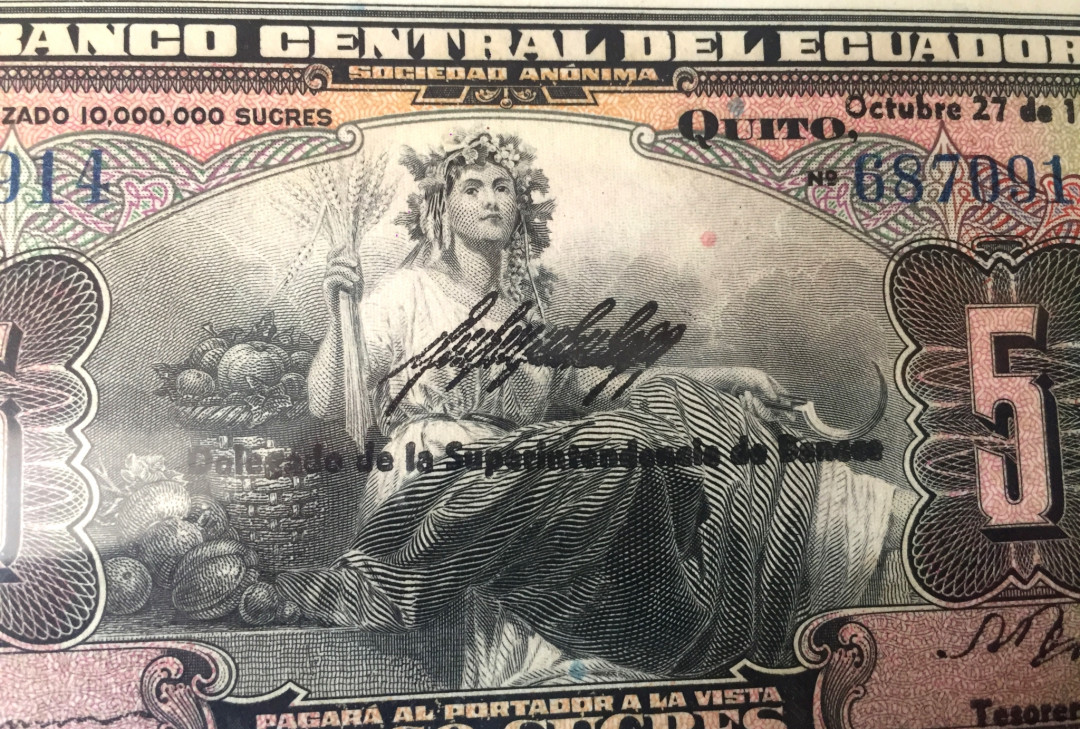 【收藏联盟】第127期拍卖——花神迎春（共50拍） 【冠军分】厄瓜多尔 1938年5 苏克雷 丰收女神 实钞高分稀少 PMG66EPQ 美钞公司双雕