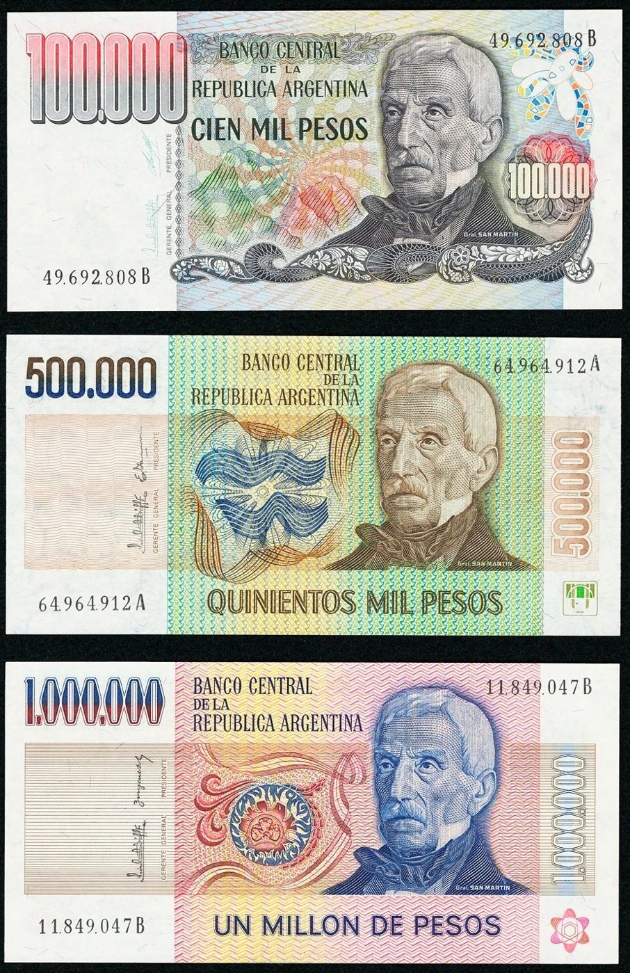 【收藏联盟】第127期拍卖——花神迎春（共50拍） 【一组3张】阿根廷 1979-83年 10万-50万-100万比索全新UNC 大场景 漂亮