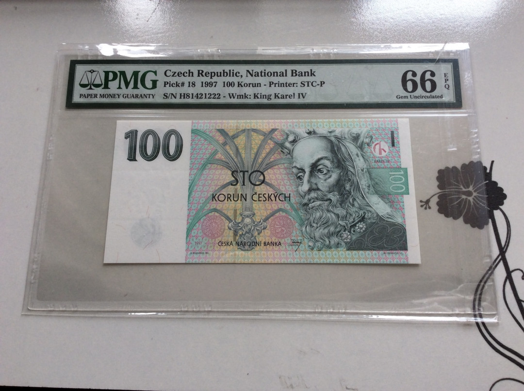 【收藏联盟】第127期拍卖——花神迎春（共50拍） 【豹子号222】捷克 1997年 100克朗 p18  PMG66EPQ 