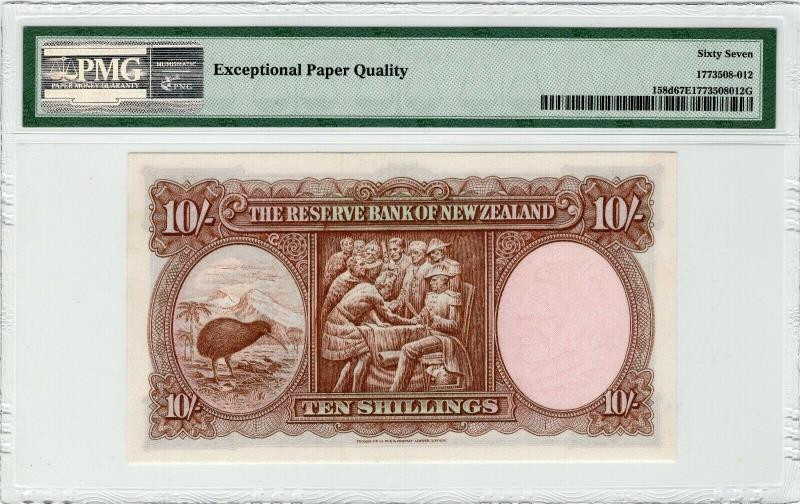 【收藏联盟】第127期拍卖——花神迎春（共50拍） 新西兰 1967年 10先令 p158d  pmg67EPQ 库克船长 kiwi 鸟 非常漂亮