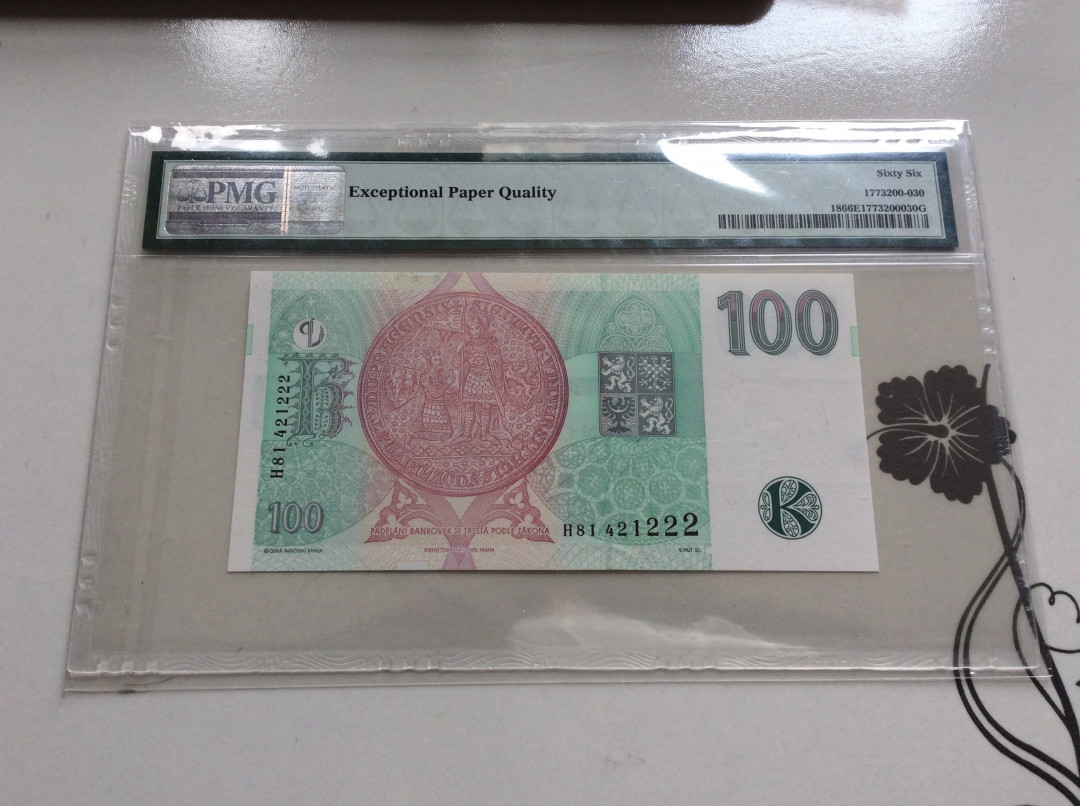 【收藏联盟】第127期拍卖——花神迎春（共50拍） 【豹子号222】捷克 1997年 100克朗 p18  PMG66EPQ 