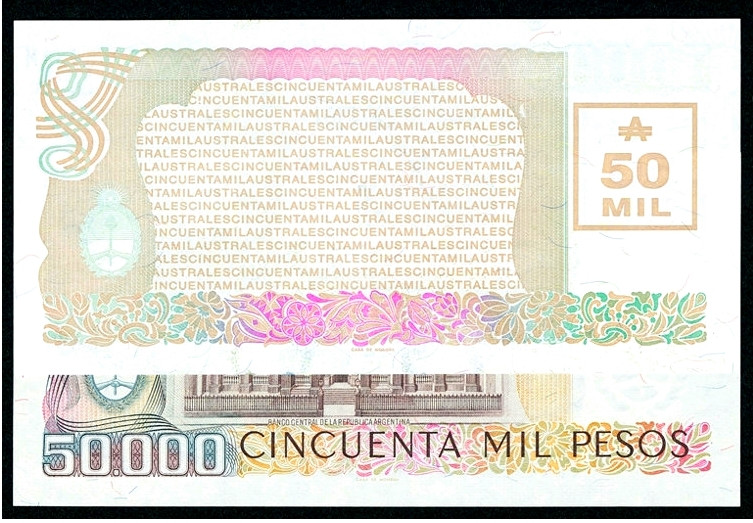 【收藏联盟】第127期拍卖——花神迎春（共50拍） 【一组2张】阿根廷 1979-89年 50000比索 全新UNC 含加盖改值稀少版