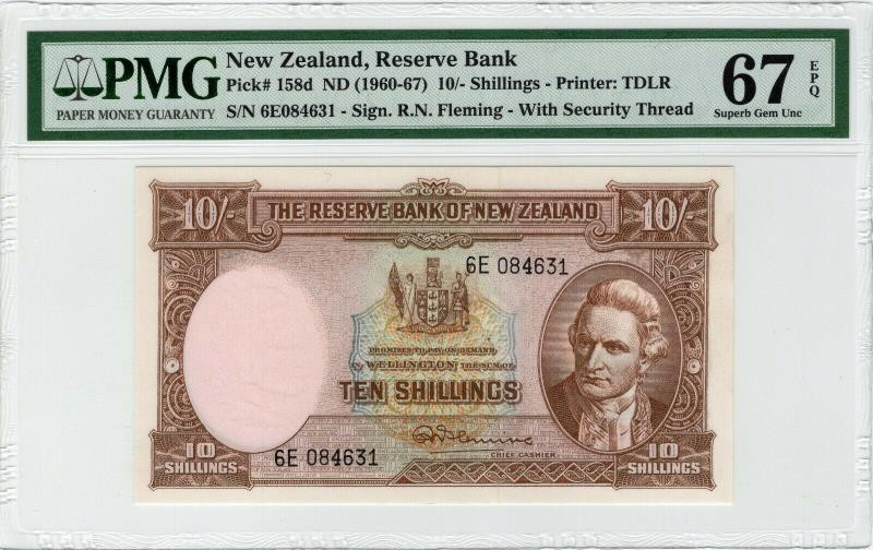 【收藏联盟】第127期拍卖——花神迎春（共50拍） 新西兰 1967年 10先令 p158d  pmg67EPQ 库克船长 kiwi 鸟 非常漂亮
