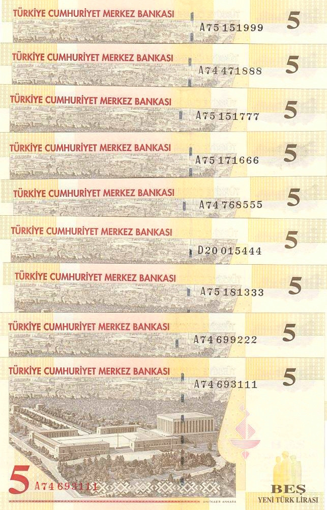 【收藏联盟】第127期拍卖——花神迎春（共50拍） 【一组9张豹子号】土耳其2005年5里拉 全新UNC凯末尔纪念馆 XXX111~XXX999难碰