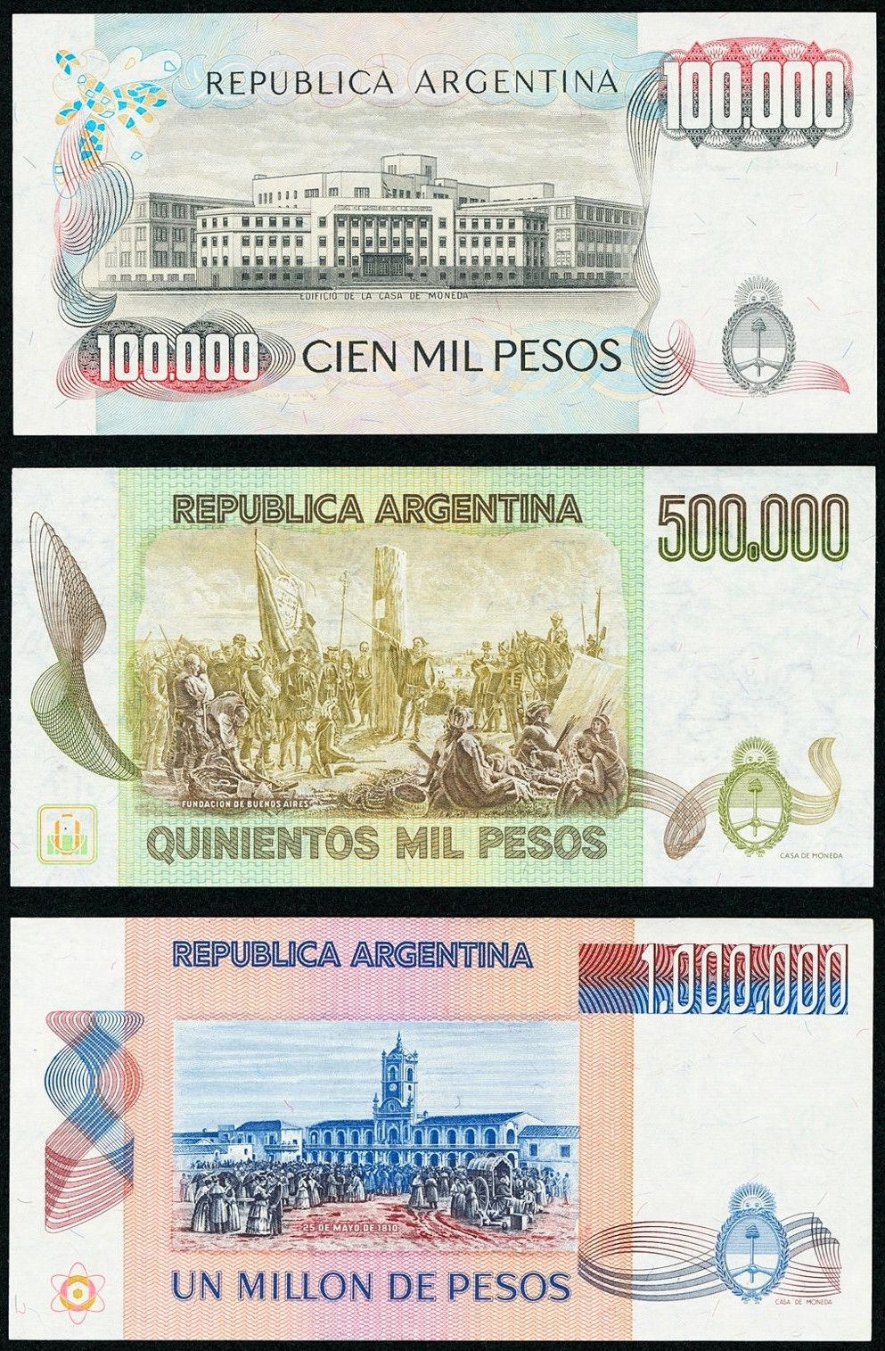 【收藏联盟】第127期拍卖——花神迎春（共50拍） 【一组3张】阿根廷 1979-83年 10万-50万-100万比索全新UNC 大场景 漂亮