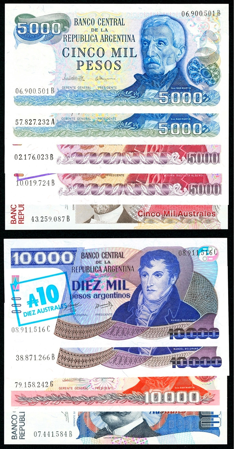 【收藏联盟】第127期拍卖——花神迎春（共50拍） 【一组9张】阿根廷1976-91年 5000-10000比索一组 全新UNC 漂亮