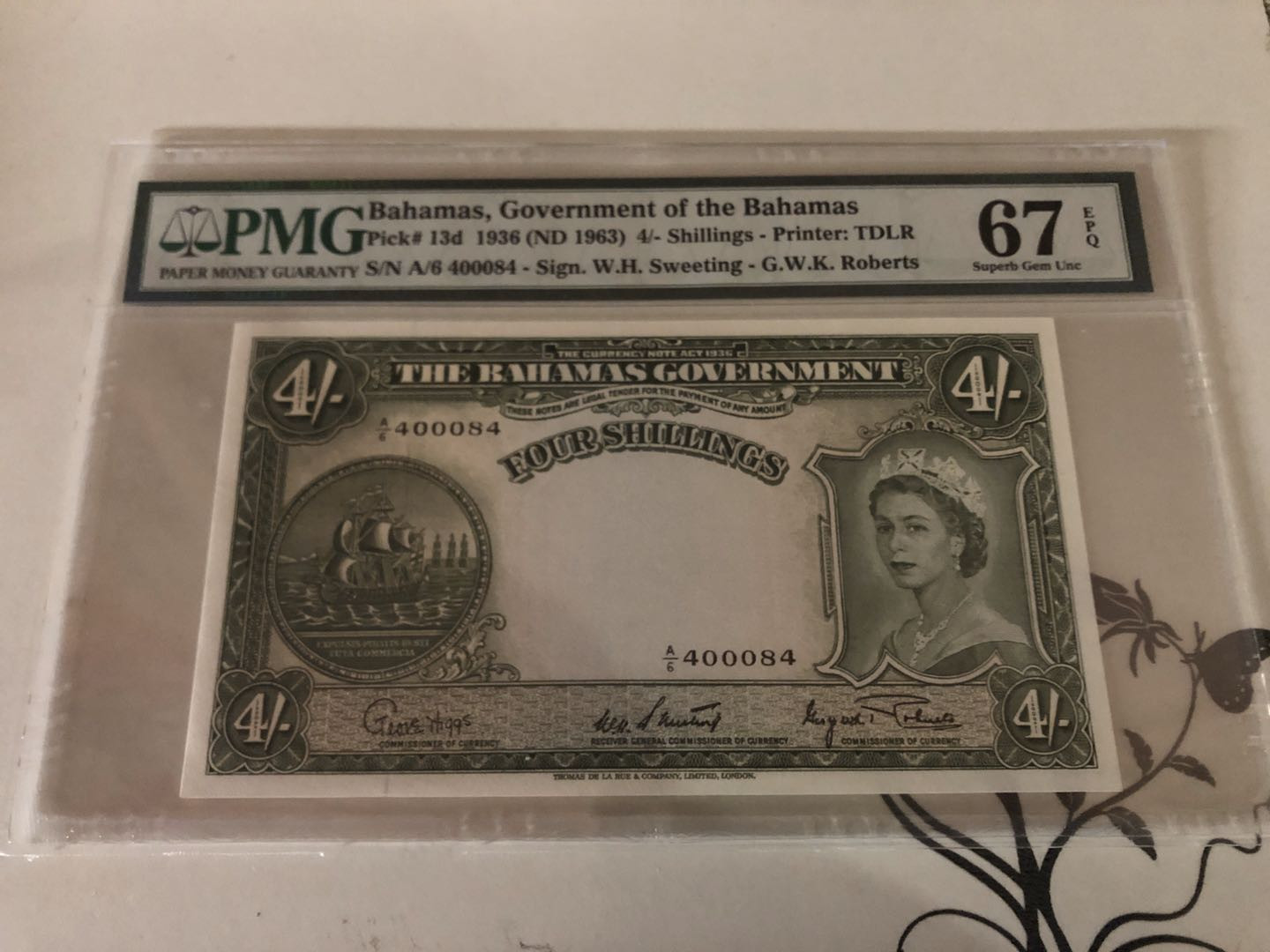 【收藏联盟】第127期拍卖——花神迎春（共50拍） 巴哈马 1963年 4先令 PMG67EPQ 超高分 大冠女王 精美