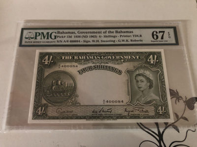 【收藏联盟】第127期拍卖——花神迎春（共50拍） - 巴哈马 1963年 4先令 PMG67EPQ 超高分 大冠女王 精美