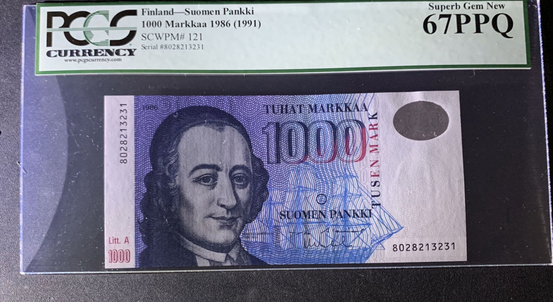 紫瑗钱币—微拍第35期—纸币场 芬兰 1991年 1000马克 PCGS 67 PPQ