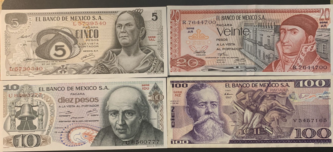 紫瑗钱币—微拍第35期—纸币场 墨西哥 早期 5 10 20 100比索 4枚一套 （20比索有折）