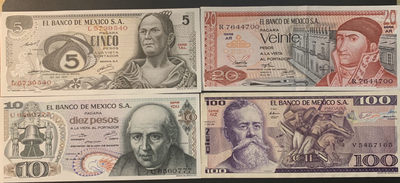 紫瑗钱币—微拍第35期—纸币场 - 墨西哥 早期 5 10 20 100比索 4枚一套 （20比索有折）