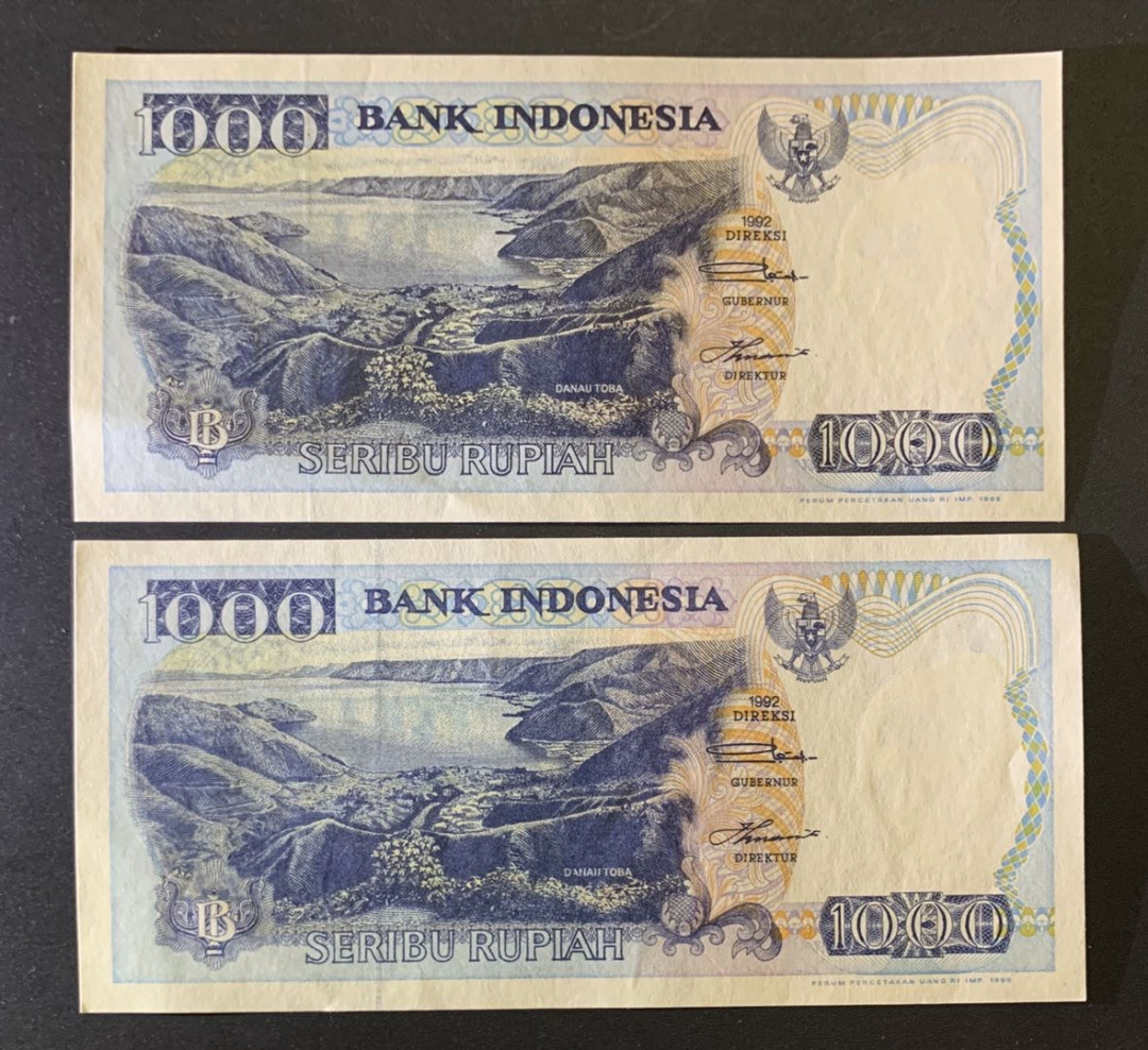 紫瑗钱币—微拍第35期—纸币场 印度尼西亚 1992年  多巴湖 1000卢比 2枚一组 UNC P-129