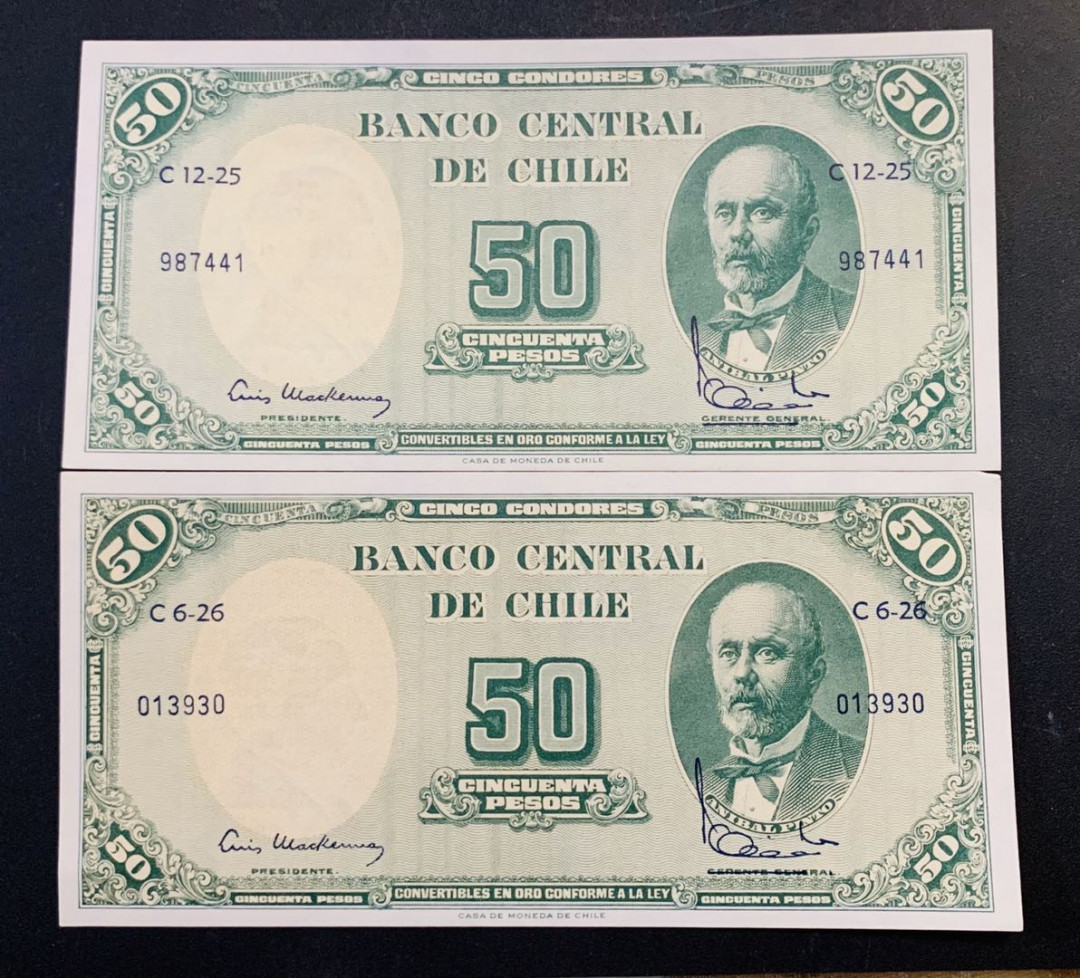 紫瑗钱币—微拍第35期—纸币场 智利 1960年 50比索 加印 5分 2枚一组 UNC P-126