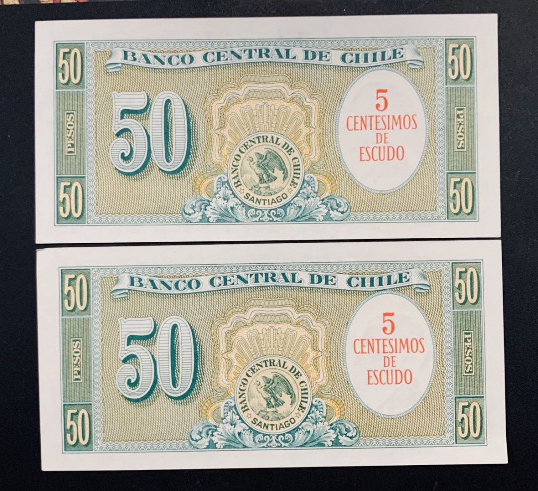 紫瑗钱币—微拍第35期—纸币场 智利 1960年 50比索 加印 5分 2枚一组 UNC P-126