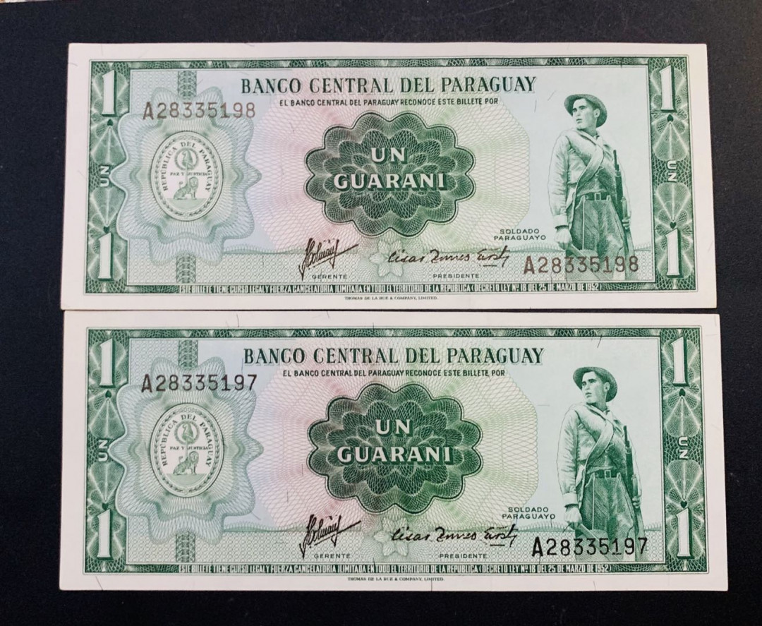紫瑗钱币—微拍第35期—纸币场 巴拉圭 1952年 1瓜拉尼 2枚一组 UNC P-193a