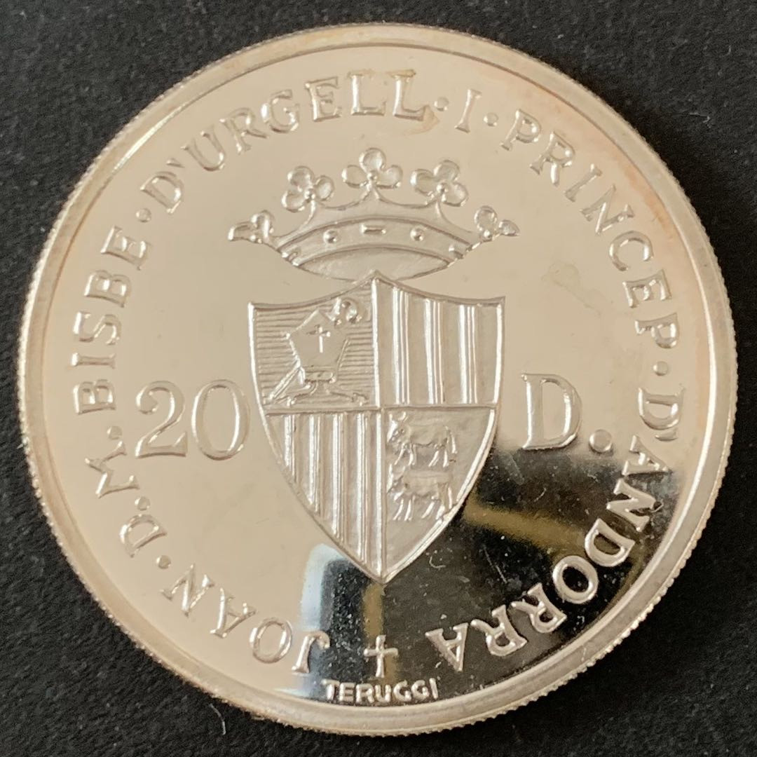 紫瑗钱币—微拍第36期  安道尔 1984年 洛杉矶奥运会 射击 20第纳尔 银币 16克 0.9银 精制